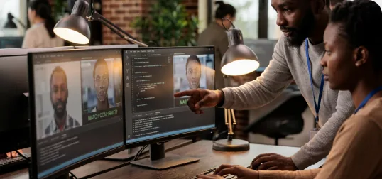 Engineers reviewing face-recognition matches on two monitors