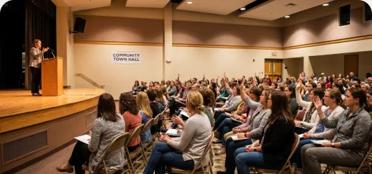 Teachers raising their hands at a school town hall