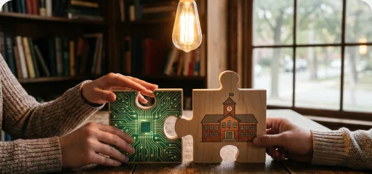 A circuit-board puzzle piece being fitted to a school-building puzzle piece
