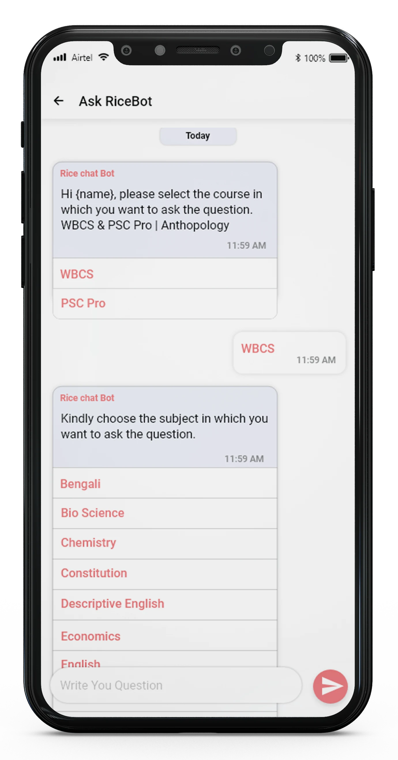 RICE Smart: Ask RiceBot conversation asking for the course and subject