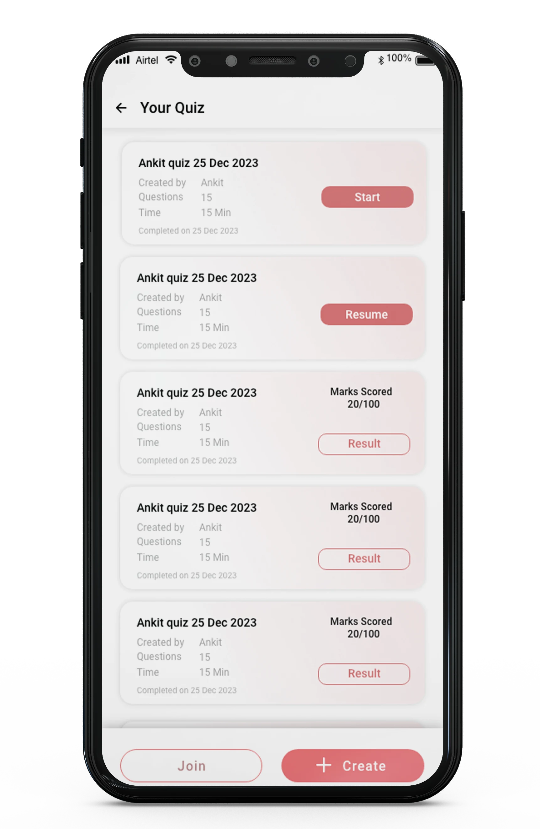 RICE Smart: Your Quiz list with Start, Resume and Result, plus Join and Create