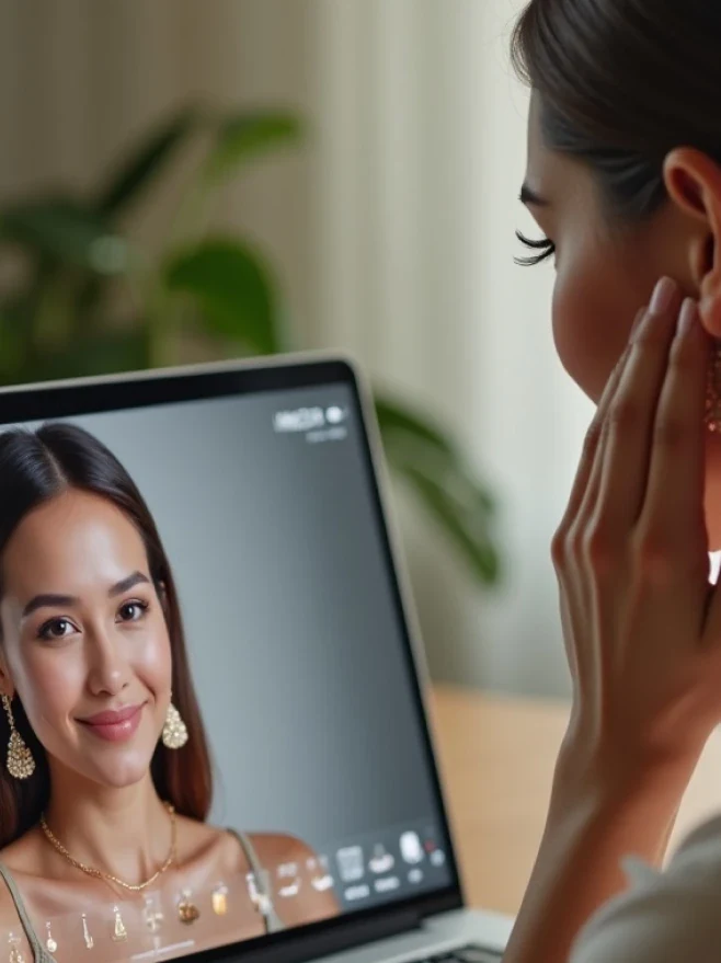A shopper on a video call trying on jewellery virtually, comparing the live camera view to a reference photo on her laptop