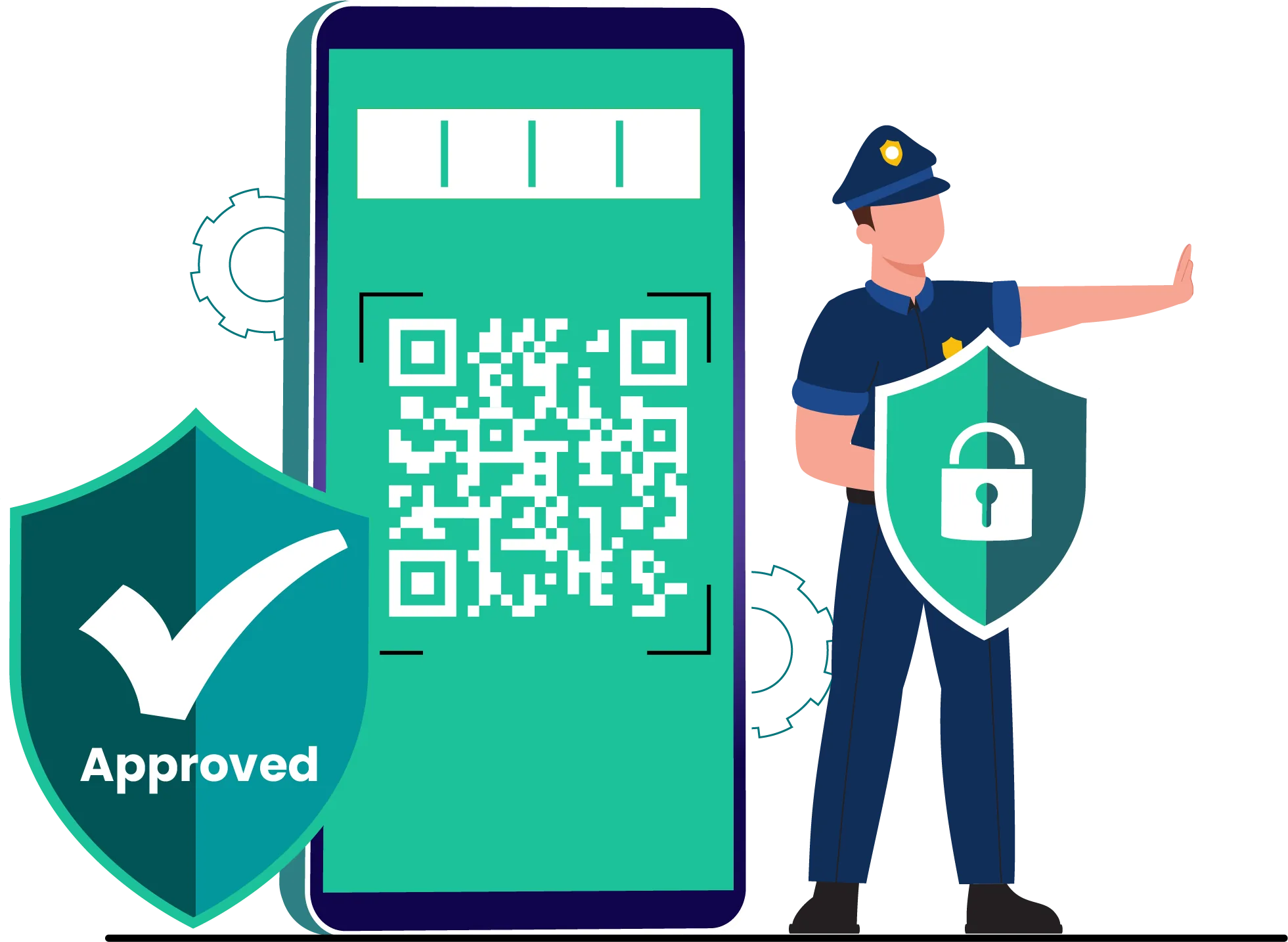 A security guard beside a phone showing a QR gate pass with an approved shield